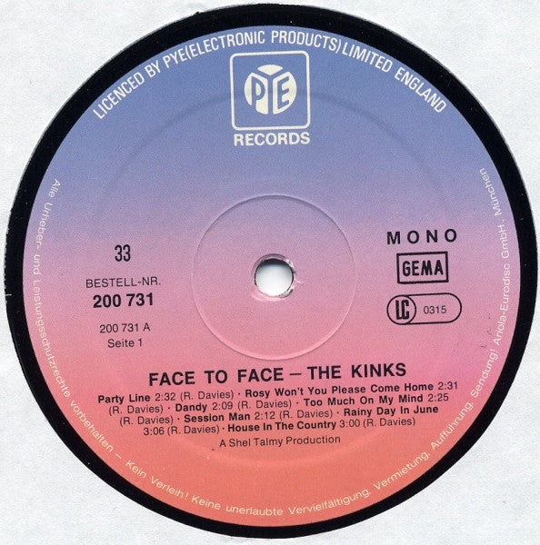The Kinks : Face To Face (LP, Album, Mono, RE)