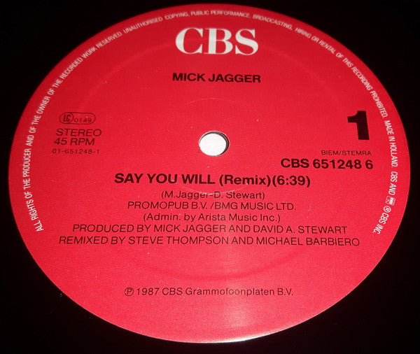 Mick Jagger : Say You Will (12", Maxi)