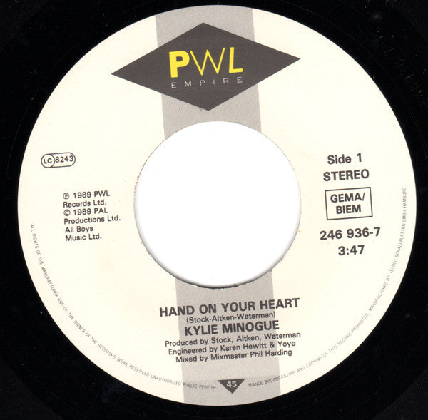 Kylie Minogue : Hand On Your Heart (7", Single, Lar)