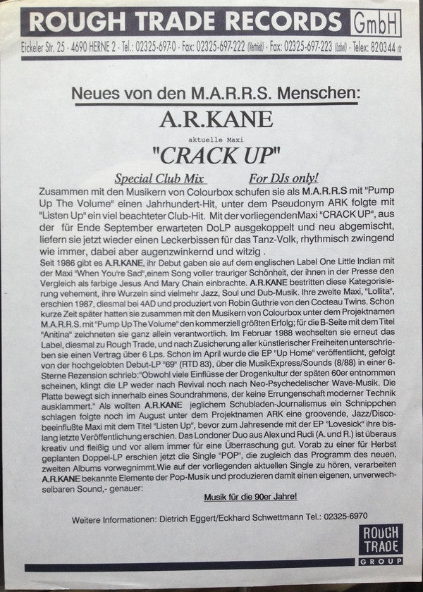 A.R. Kane : Crack Up (12", Single, Promo)