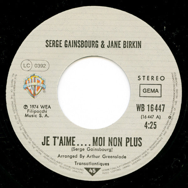 Jane Birkin Avec Serge Gainsbourg : Je T'aime... Moi Non Plus (7", Single, RE)