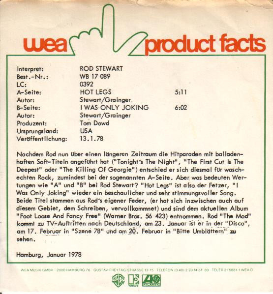 Rod Stewart : Hot Legs / I Was Only Joking (7", Single)