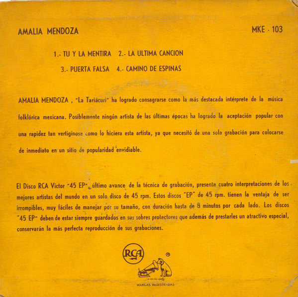 Amalia Mendoza : Tu Y La Mentira / La Ultima Canción / Puerta Falsa / Camino De Espinas (7", EP, Mono)