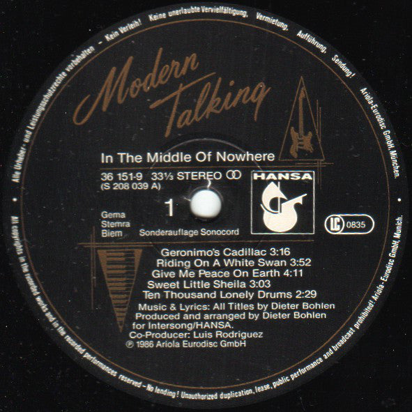 Modern Talking : In The Middle Of Nowhere (The 4th Album) (LP, Album, Club)