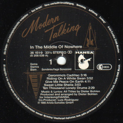 Modern Talking : In The Middle Of Nowhere (The 4th Album) (LP, Album, Club)