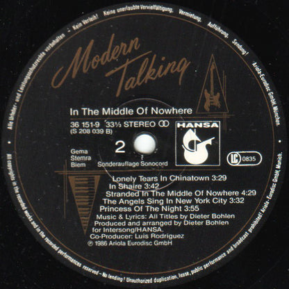 Modern Talking : In The Middle Of Nowhere (The 4th Album) (LP, Album, Club)