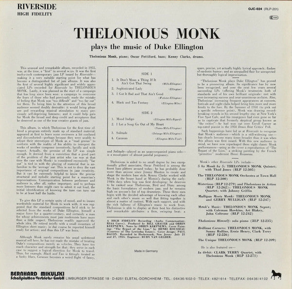 Thelonious Monk : Thelonious Monk Plays Duke Ellington (LP, Album, RE)
