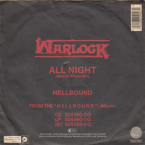 Warlock (2) : All Night (7", Single)