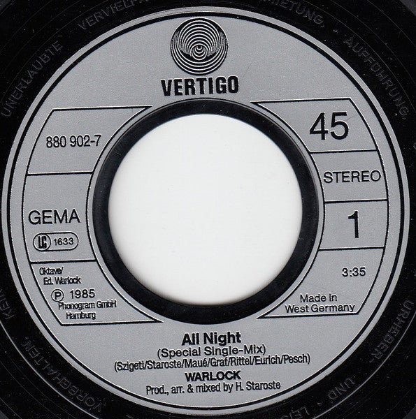 Warlock (2) : All Night (7", Single)