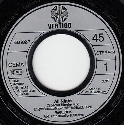 Warlock (2) : All Night (7", Single)