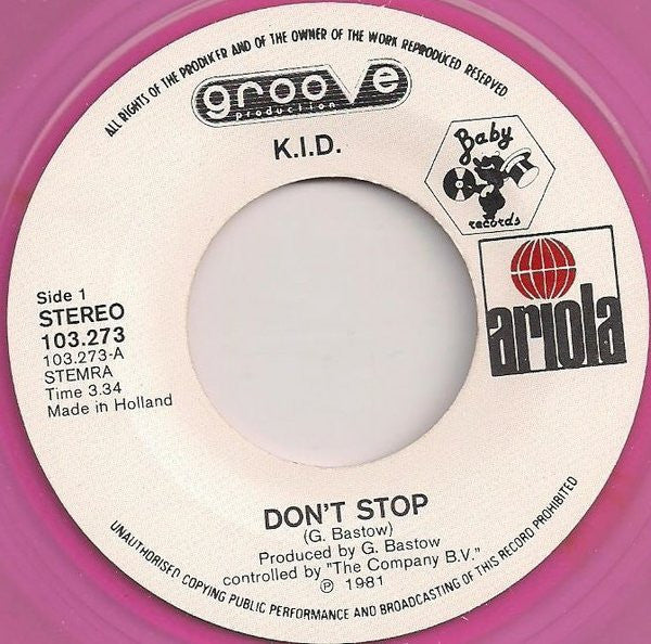K.i.D. : Don't Stop (7", Single, Pin)