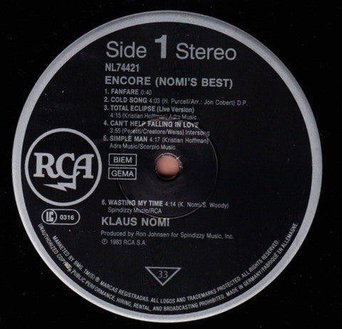 Klaus Nomi : Encore! (Nomi's Best) (LP, Comp, RE)