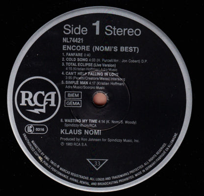 Klaus Nomi : Encore! (Nomi's Best) (LP, Comp, RE)