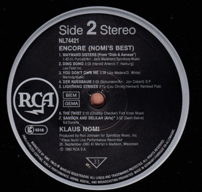 Klaus Nomi : Encore! (Nomi's Best) (LP, Comp, RE)