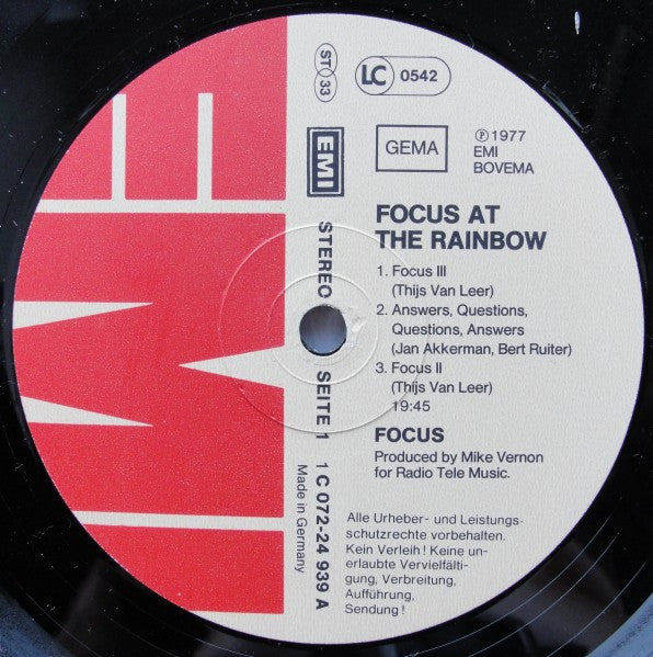 Focus (2) : Focus At The Rainbow (LP, Album, RP)