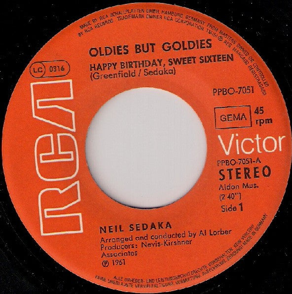 Neil Sedaka : Happy Birthday, Sweet Sixteen / Little Devil (7", Ora)