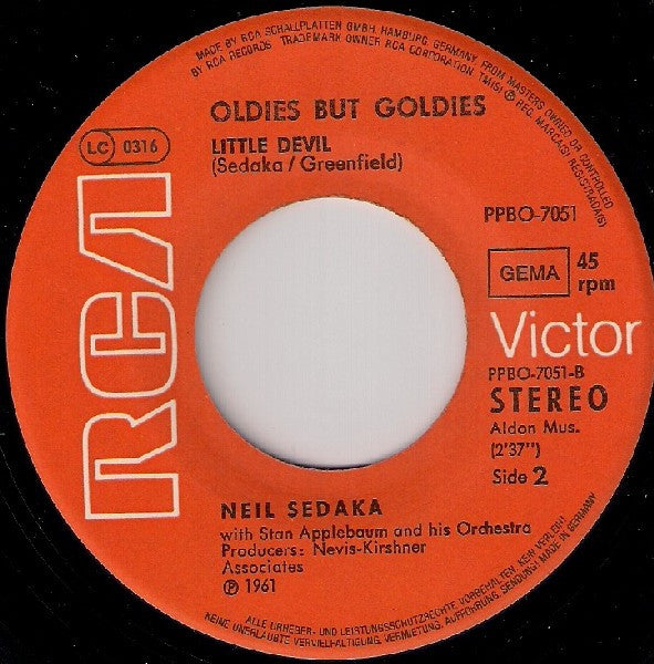 Neil Sedaka : Happy Birthday, Sweet Sixteen / Little Devil (7", Ora)