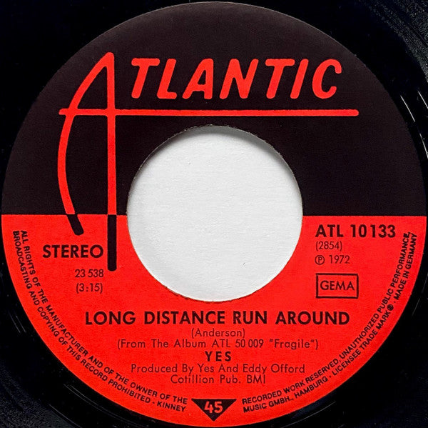 Yes : Round About / Long Distance Runaround (7", Single)
