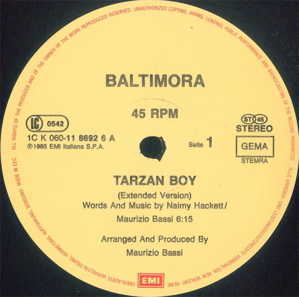 Baltimora : Tarzan Boy (Extended Version) (12", Maxi)