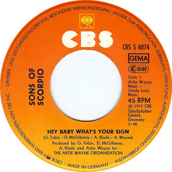 Sons Of Scorpio : Hey Baby, What's Your Sign (7", Single, RE)