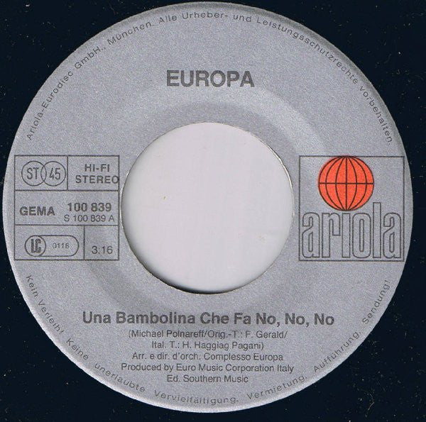 Europa Sound : Una Bambolina Che Fa No, No, No (7", Single)