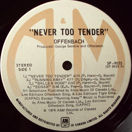 Offenbach : Never Too Tender (LP, Album, Gat)