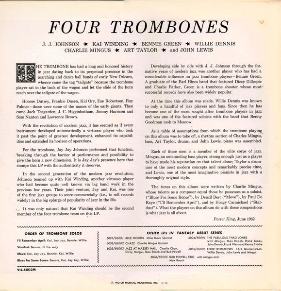 Four Trombones*, J.J. Johnson, Kai Winding, Benny Green*, Willie Dennis, Charlie Mingus*, John Lewis (2) : Four Trombones Vol. 1 (LP, Comp, Mono, Ltd, RE)