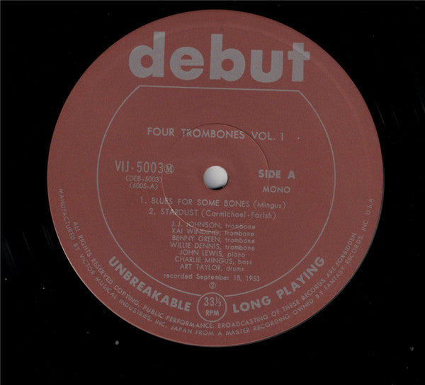 Four Trombones*, J.J. Johnson, Kai Winding, Benny Green*, Willie Dennis, Charlie Mingus*, John Lewis (2) : Four Trombones Vol. 1 (LP, Comp, Mono, Ltd, RE)