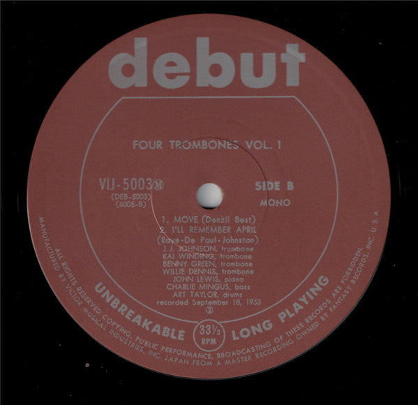 Four Trombones*, J.J. Johnson, Kai Winding, Benny Green*, Willie Dennis, Charlie Mingus*, John Lewis (2) : Four Trombones Vol. 1 (LP, Comp, Mono, Ltd, RE)