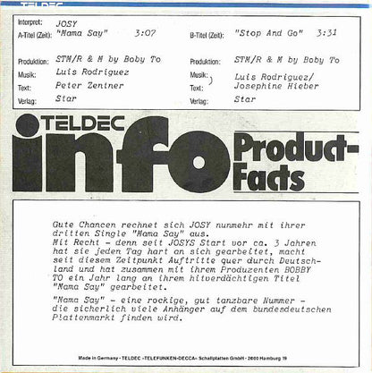 Josy : Mama Say (7", Single, Promo)