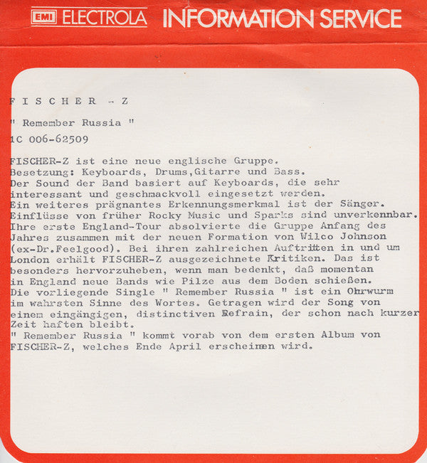 Fischer-Z : Remember Russia (7", Single)
