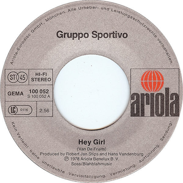 Gruppo Sportivo : Hey Girl (7", Single)