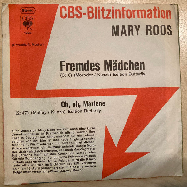 Mary Roos : Fremdes Mädchen (7", Single, Promo)