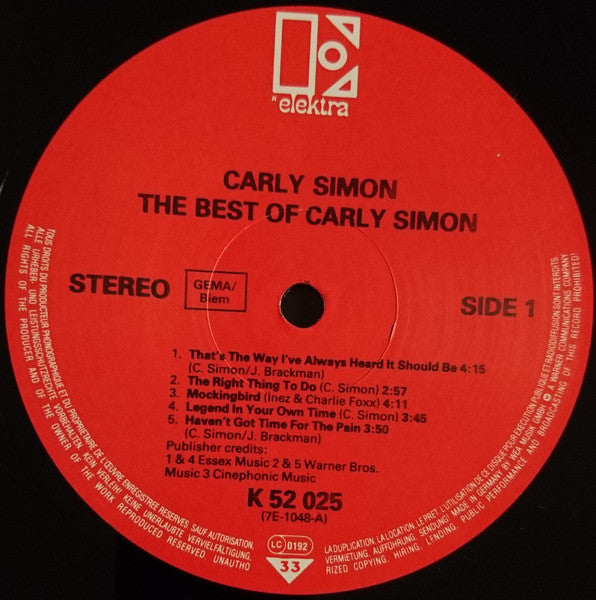 Carly Simon : The Best Of Carly Simon (LP, Comp, RE)
