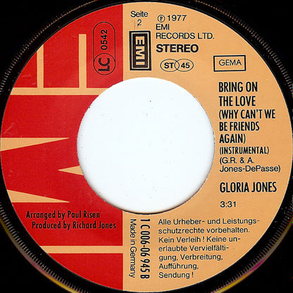 Gloria Jones : Bring On The Love (Why Can't We Be Friends Again) (7", Single)