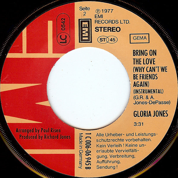 Gloria Jones : Bring On The Love (Why Can't We Be Friends Again) (7", Single)