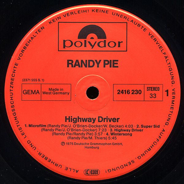 Randy Pie : Highway Driver (LP, Album, RE)