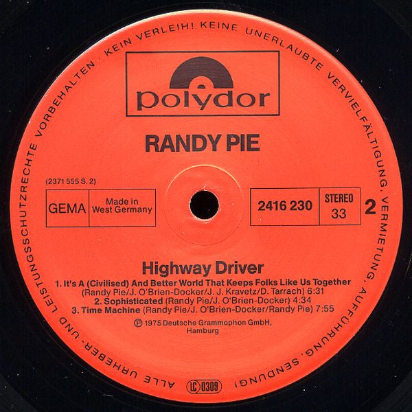 Randy Pie : Highway Driver (LP, Album, RE)