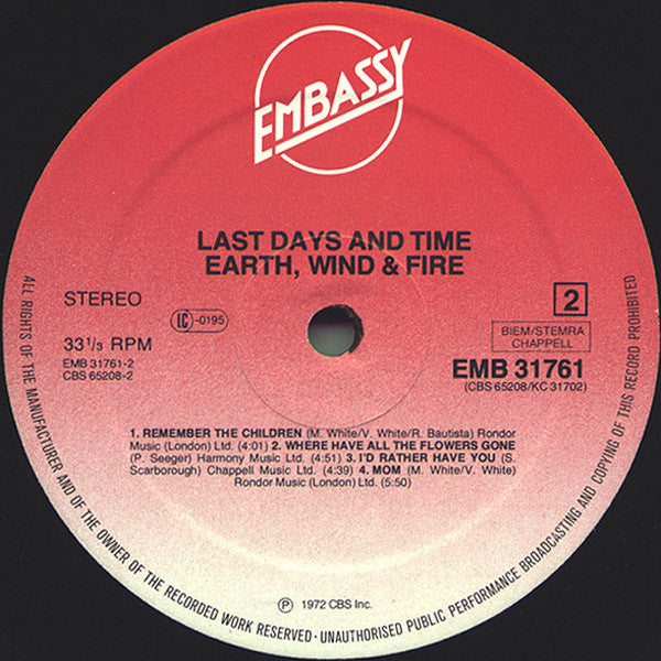Earth, Wind & Fire : Last Days And Time (LP, Album, RE)