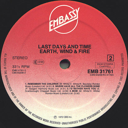Earth, Wind & Fire : Last Days And Time (LP, Album, RE)