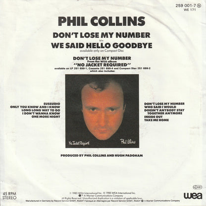Phil Collins : Don't Lose My Number (7", Single)
