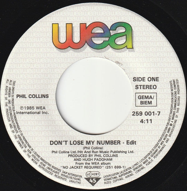 Phil Collins : Don't Lose My Number (7", Single)
