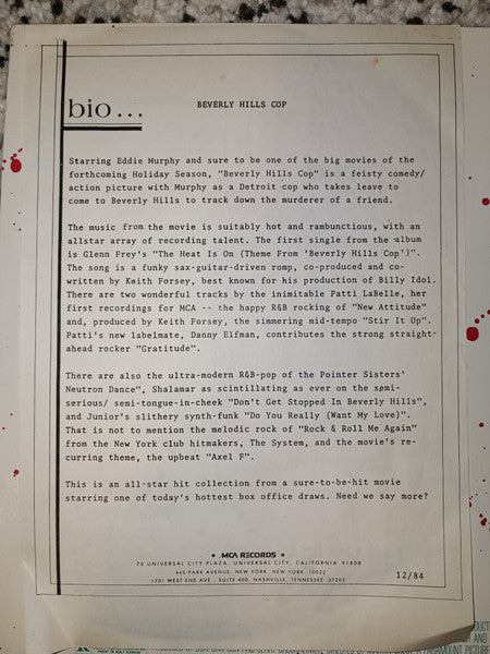 Various : Beverly Hills Cop (Music From The Motion Picture Soundtrack) (LP, Comp)