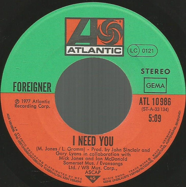 Foreigner : Cold As Ice (7", Single)