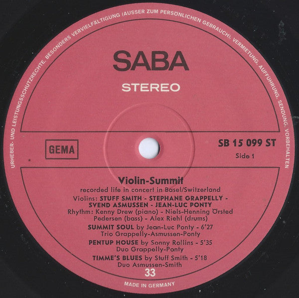 Stuff Smith / Stephane Grappelly* / Svend Asmussen / Jean-Luc Ponty : Violin-Summit (LP, Album, RE)