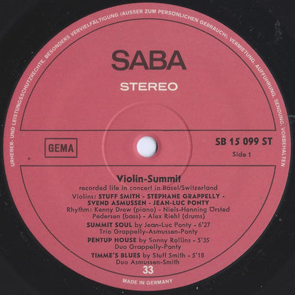 Stuff Smith / Stephane Grappelly* / Svend Asmussen / Jean-Luc Ponty : Violin-Summit (LP, Album, RE)