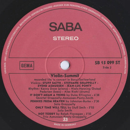 Stuff Smith / Stephane Grappelly* / Svend Asmussen / Jean-Luc Ponty : Violin-Summit (LP, Album, RE)