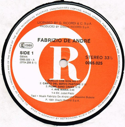Fabrizio De Andre'* : Fabrizio De Andre' (LP, Album)