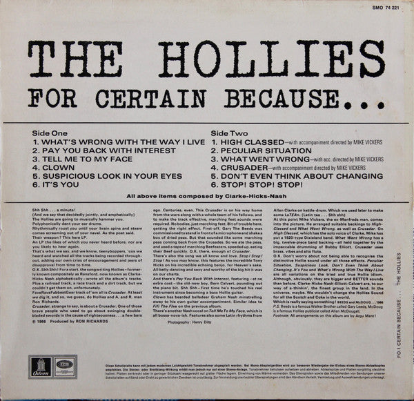 The Hollies : For Certain Because... (LP, Album)