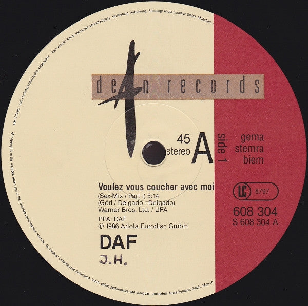 Deutsch Amerikanische Freundschaft : Voulez Vous Coucher Avec Moi Ce Soir (12", Maxi)